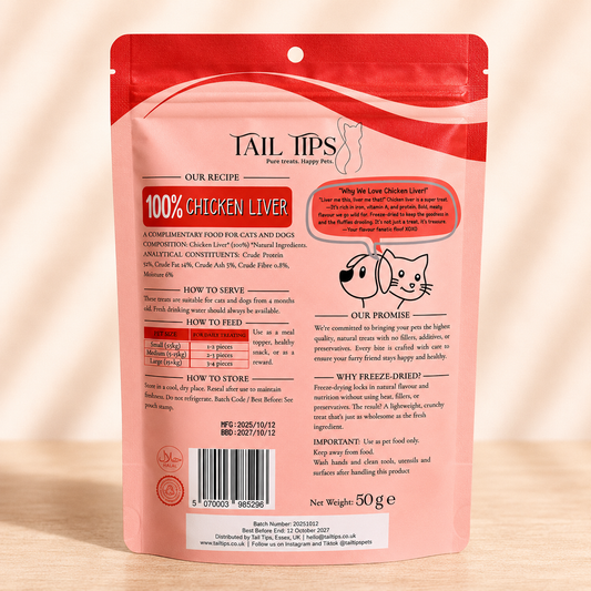 Liver Rush - 100% Freeze-Dried Chicken Liver Treats | High-Value | Tail Tips UK | 50g pack - Tail Tips