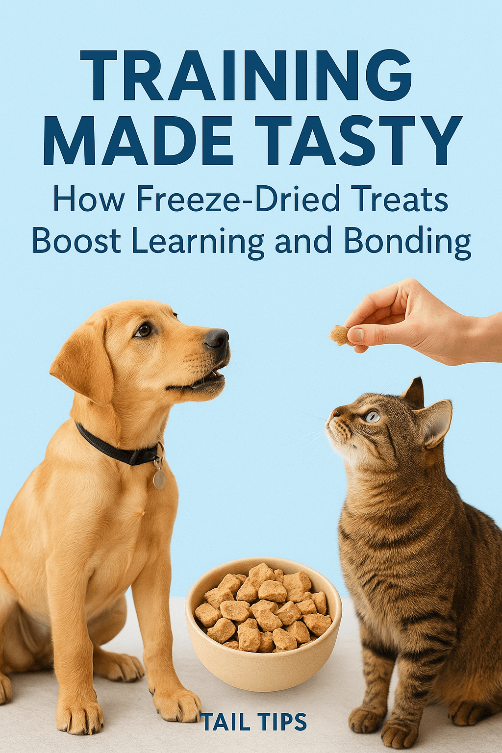 Dog and cat looking at freeze-dried treats with text “Training Made Tasty” by Tail Tips.