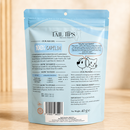 Splash N' Snack - 100% Freeze-Dried Capelin Treats | Pure & Natural | Tail Tips UK | 40g pack - Tail Tips